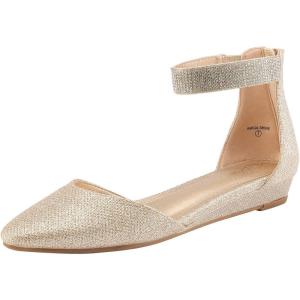 imageDREAM PAIRS Womens Low Wedge Pointed Toe Ankle Strap Dress Comfortable Casual Flats ShoesGoldGlitter