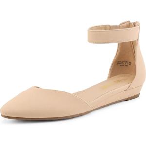 imageDREAM PAIRS Womens Low Wedge Pointed Toe Ankle Strap Dress Comfortable Casual Flats ShoesNudeNubuck
