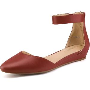 imageDREAM PAIRS Womens Low Wedge Pointed Toe Ankle Strap Dress Comfortable Casual Flats ShoesRedPu