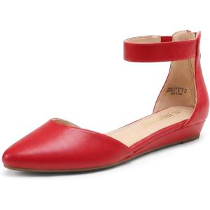 imageDREAM PAIRS Womens Low Wedge Pointed Toe Ankle Strap Dress Comfortable Casual Flats ShoesRedpu1