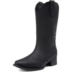 imageDREAM PAIRS Womens Western Cowboy Boots Square Toe Embroidered Mid Calf Boots Western Chunky Low Heel for Country Music Festivals Theme Party and ConcertAll Black