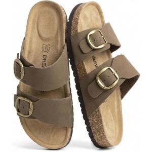 imageDREAM PAIRS Womens Slides Soft Genuine Footbed Sandals Comfortable Adjustable Double Buckle Slipon Flat Sandals with Arch Support Frame Dual Slippers for Summer 2026Brown