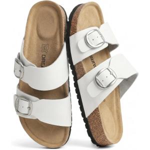 imageDREAM PAIRS Womens Slides Soft Genuine Footbed Sandals Comfortable Adjustable Double Buckle Slipon Flat Sandals with Arch Support Frame Dual Slippers for Summer 2026White