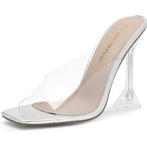 imageDREAM PAIRS Womens Clear Heeled Sandals Square Toe Transparent Stiletto Mules Slip on Wedding Dress ShoesSliver Clear