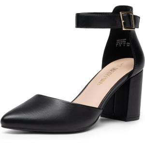 imageDREAM PAIRS Womens Closed Pointed Toe High Chunky Heels Pumps Ankle Strap Dress Shoes for Wedding Office Party 3 InchesBlackpu