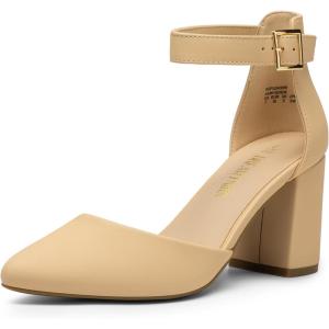 imageDREAM PAIRS Womens Closed Pointed Toe High Chunky Heels Pumps Ankle Strap Dress Shoes for Wedding Office Party 3 InchesNudenubuck
