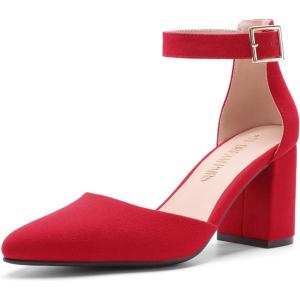 imageDREAM PAIRS Womens Closed Pointed Toe High Chunky Heels Pumps Ankle Strap Dress Shoes for Wedding Office Party 3 InchesRed