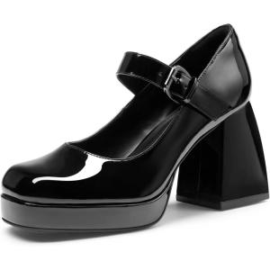 imageDREAM PAIRS Womens High Chunky Platform Closed Toe Mary Jane Block Heels Square Toe Strappy Dress Wedding Party Pumps ShoesBlackpat