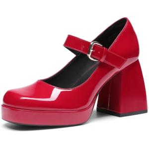 imageDREAM PAIRS Womens High Chunky Platform Closed Toe Mary Jane Block Heels Square Toe Strappy Dress Wedding Party Pumps ShoesRed