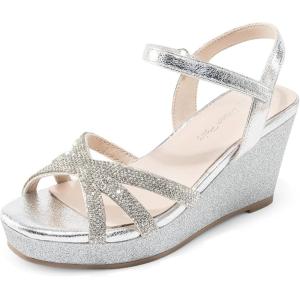 imageDREAM PAIRS Girls Wedge Sandals Flatform Open Toe Summer Platform Sandals Flower Wedding Party for Little KidBig KidAll Silver
