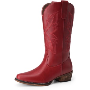 image:imageDREAM PAIRS Cowboy Boots for Women Cowgirl Western Mid Calf Boots Snip Toe Embroidered Stitched Low Chunky Heel Pull On Fashion BootsAll Red