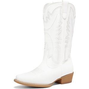 image:imageDREAM PAIRS Cowboy Boots for Women Cowgirl Western Mid Calf Boots Snip Toe Embroidered Stitched Low Chunky Heel Pull On Fashion BootsWhite