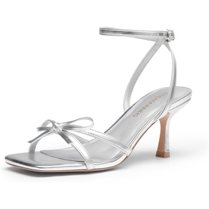 image:imageDREAM PAIRS 2026 Womens Bow Heels Kitten Heels for Women Square Toe Strappy Heeled Sandals Elegant Wedding amp Bridal Bownots Sandals for Formal amp Special OccasionsSilver