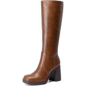 image:imageDREAM PAIRS Knee High Boots for Women Platform Square Toe Chunky Block Heeled Stylish Comfortable Tall Boots with Side ZipperLight Brown