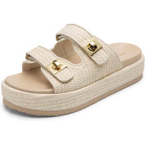 image:imageDREAM PAIRS Platform Sandals Women Raffia Espadrilles Summer Comfortable Wedge Sandals Beach Vacation Adjustable Buckle Cute Slide SandalsBeige
