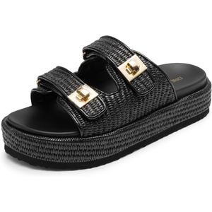 image:imageDREAM PAIRS Platform Sandals Women Raffia Espadrilles Summer Comfortable Wedge Sandals Beach Vacation Adjustable Buckle Cute Slide SandalsBlack