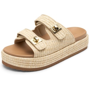 image:imageDREAM PAIRS Platform Sandals Women Raffia Espadrilles Summer Comfortable Wedge Sandals Beach Vacation Adjustable Buckle Cute Slide SandalsNatural