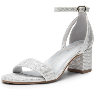 image:imageDREAM PAIRS Womens Chunky Low Heels Open Round Toe Ankle Strap Block Heels Party Dress Wedding SandalsSilverglitter
