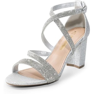 image:imageDREAM PAIRS Womens Block Chunky Heels Sandals Open Toe Ankle Strappy Comfortable Dressy Sandals for Bridal Wedding Prom Party with Adjustable Cross StrapSilverrhinestone