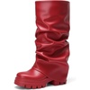 image:imageDREAM PAIRS Womens Fold Over Platform Chunky Heel Boots For Concerts Wear Ruched Mid Calf Slouchy Fashion Boots with Wide Calf FitRed
