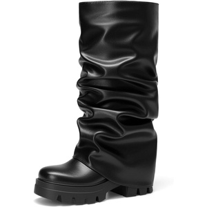 image:imageDREAM PAIRS Womens Fold Over Platform Chunky Heel Boots For Concerts Wear Ruched Mid Calf Slouchy Fashion Boots with Wide Calf FitBlack