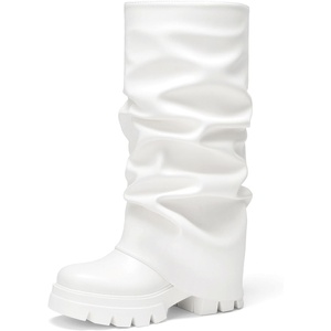 image:imageDREAM PAIRS Womens Fold Over Platform Chunky Heel Boots For Concerts Wear Ruched Mid Calf Slouchy Fashion Boots with Wide Calf FitWhite