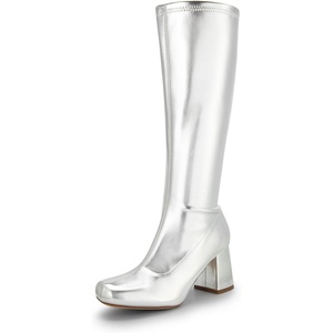 image:imageDREAM PAIRS Womens Gogo Boots Square Toe Chunky Wide Calf Knee High BootsMetallic Silver