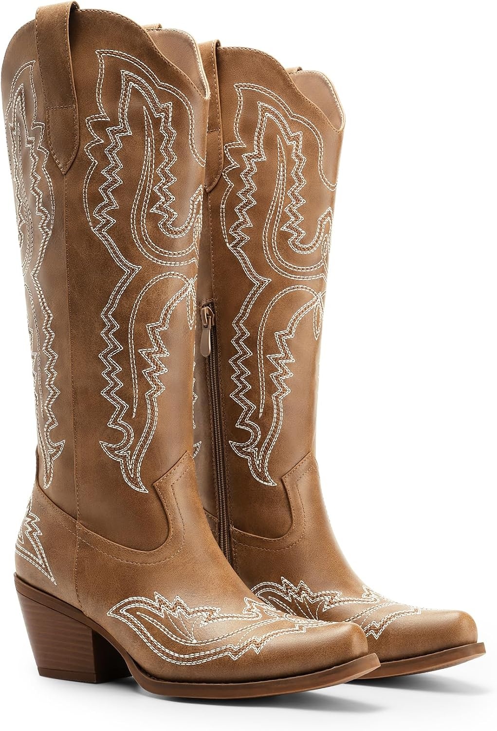 image:imageDREAM PAIRS Cowboy Boots for Women Knee High Cowgirl Boots Vintage Classic Country Style Western Retro Embroidered Side Zipper Comfort Tall Boots for Concert PartyBrown