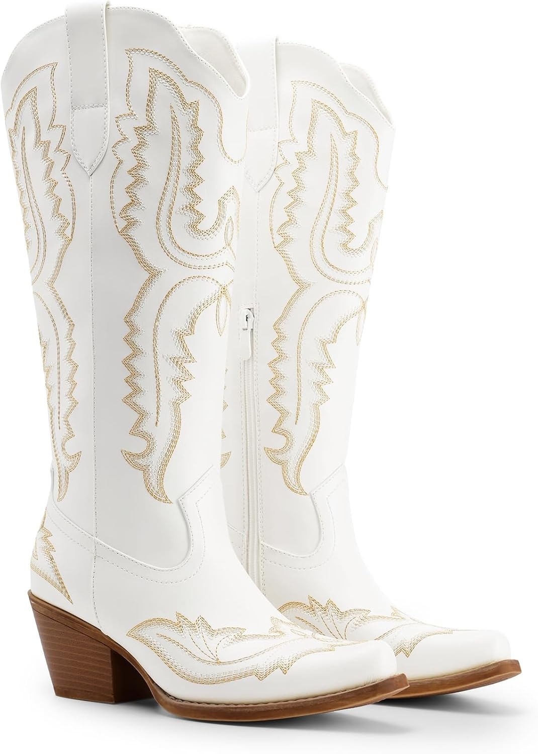 image:imageDREAM PAIRS Cowboy Boots for Women Knee High Cowgirl Boots Vintage Classic Country Style Western Retro Embroidered Side Zipper Comfort Tall Boots for Concert PartyWhite