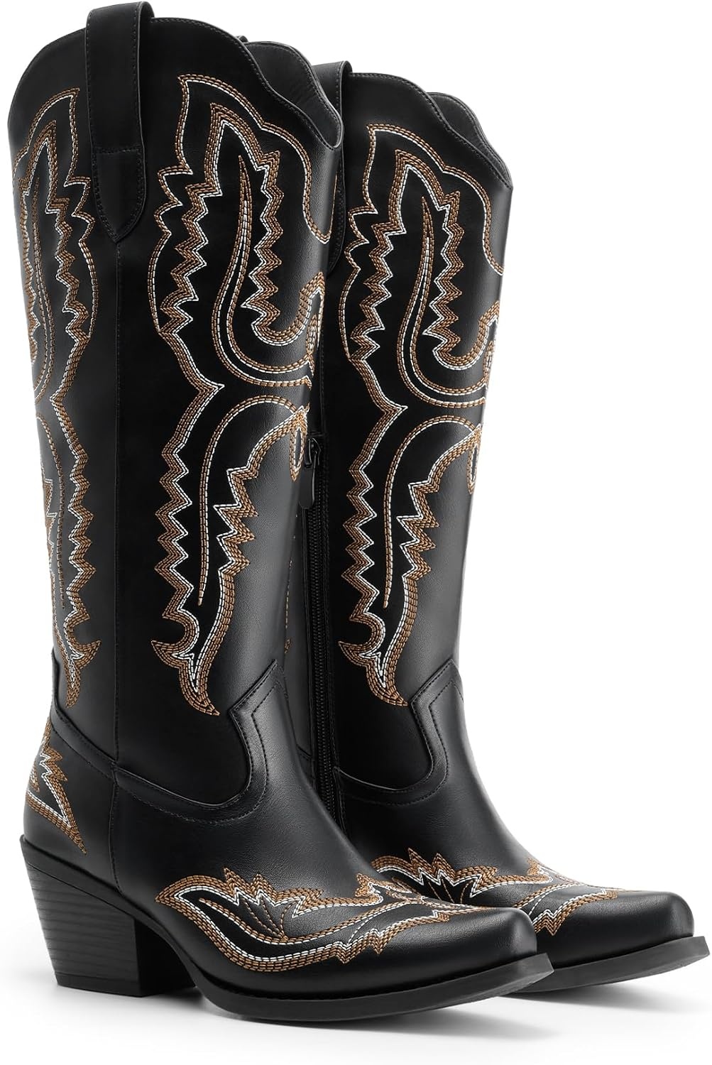 image:imageDREAM PAIRS Cowboy Boots for Women Knee High Cowgirl Boots Vintage Classic Country Style Western Retro Embroidered Side Zipper Comfort Tall Boots for Concert PartyBlack