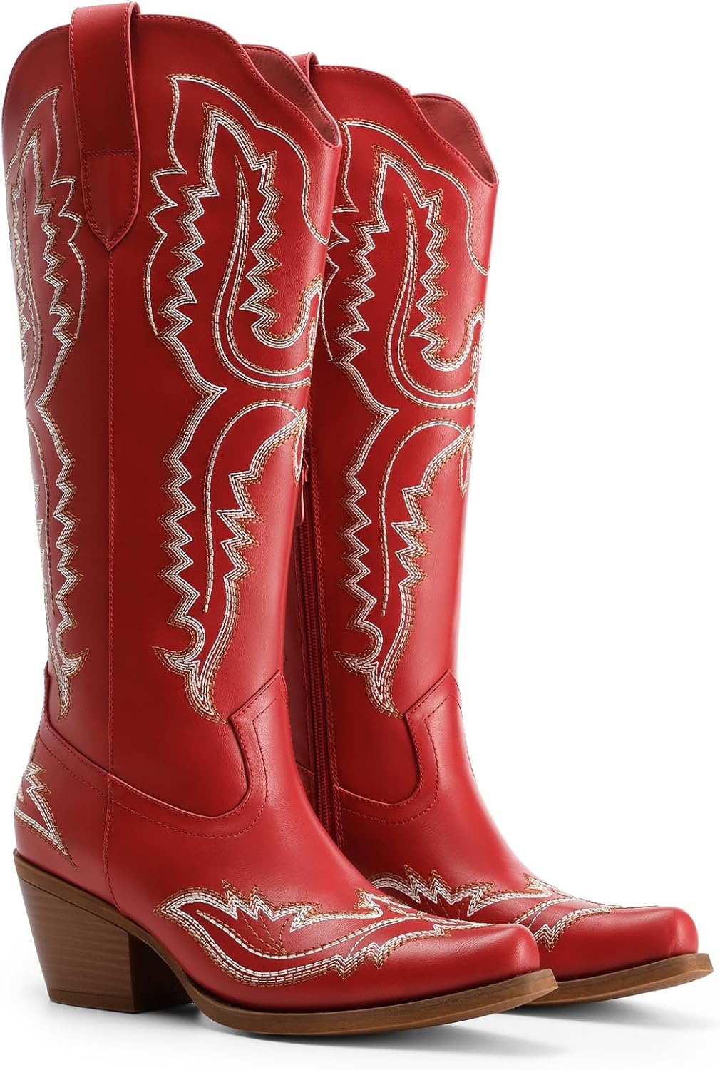 image:imageDREAM PAIRS Cowboy Boots for Women Knee High Cowgirl Boots Vintage Classic Country Style Western Retro Embroidered Side Zipper Comfort Tall Boots for Concert PartyRed