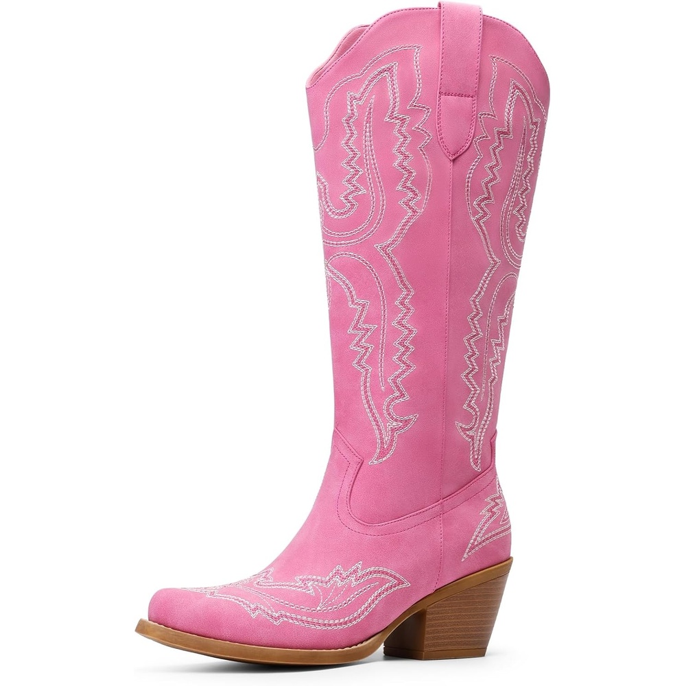 image:imageDREAM PAIRS Cowboy Boots for Women Knee High Cowgirl Boots Vintage Classic Country Style Western Retro Embroidered Side Zipper Comfort Tall Boots for Concert PartyHot Pink
