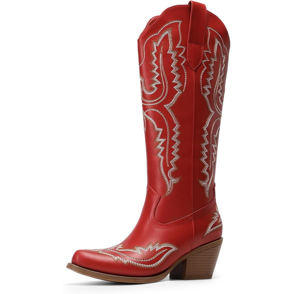 image:imageDREAM PAIRS Cowboy Boots for Women Knee High Cowgirl Boots Vintage Classic Country Style Western Retro Embroidered Side Zipper Comfort Tall Boots for Concert PartyRed