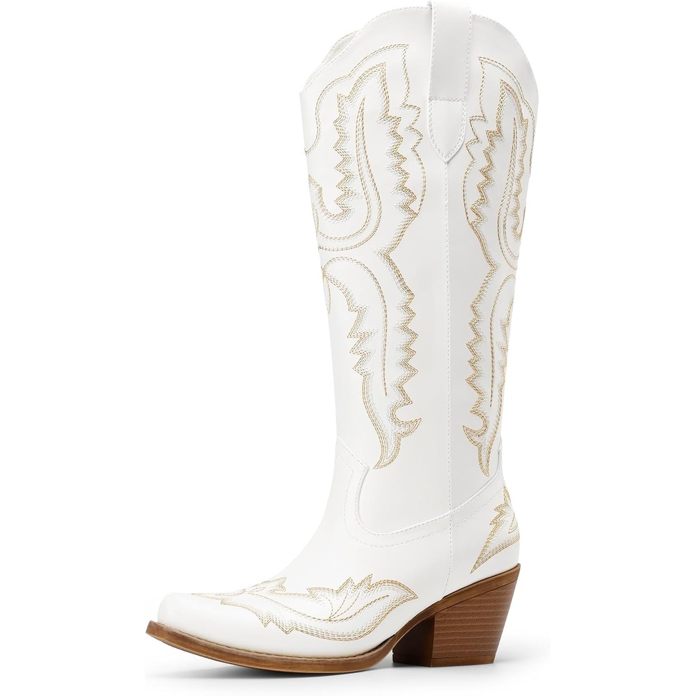 image:imageDREAM PAIRS Cowboy Boots for Women Knee High Cowgirl Boots Vintage Classic Country Style Western Retro Embroidered Side Zipper Comfort Tall Boots for Concert PartyWhite