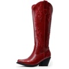 image:imageDREAM PAIRS Womens Cowboy Boots Knee High Western Retro Embroidered Cowgirl Boots Comfortable Square Toe Tall BootsRed