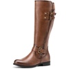 image:imageDREAM PAIRS Womens Knee High Riding Pirate Boots Comfortable Low Chunky Heel Flat Motorcycle Buckle Boots for WomenTan