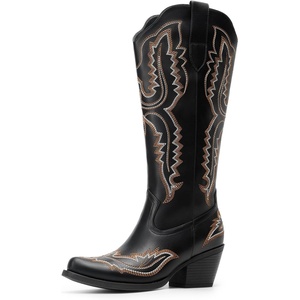 image:imageDREAM PAIRS Cowboy Boots for Women Knee High Cowgirl Boots Vintage Classic Country Style Western Retro Embroidered Side Zipper Comfort Tall Boots for Concert PartyBlack