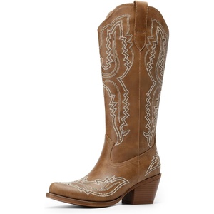 image:imageDREAM PAIRS Cowboy Boots for Women Knee High Cowgirl Boots Vintage Classic Country Style Western Retro Embroidered Side Zipper Comfort Tall Boots for Concert PartyBrown