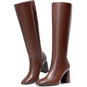 image:imageDREAM PAIRS Knee High Boots for Women Square Toe Gogo Chunky Heel Tall Boot Fashion Side Zipper Long BootBrown