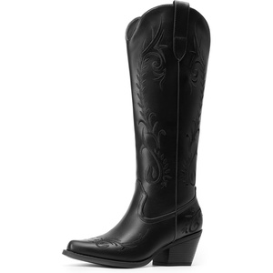 image:imageDREAM PAIRS Womens Cowboy Boots Knee High Western Retro Embroidered Cowgirl Boots Comfortable Square Toe Tall BootsBlack