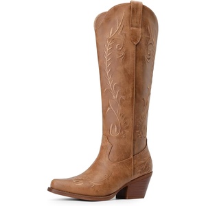 image:imageDREAM PAIRS Womens Cowboy Boots Knee High Western Retro Embroidered Cowgirl Boots Comfortable Square Toe Tall BootsBrown