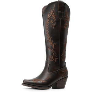 image:imageDREAM PAIRS Womens Cowboy Boots Knee High Western Retro Embroidered Cowgirl Boots Comfortable Square Toe Tall BootsDark Brown