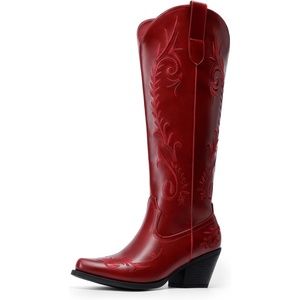image:imageDREAM PAIRS Womens Cowboy Boots Knee High Western Retro Embroidered Cowgirl Boots Comfortable Square Toe Tall BootsRed