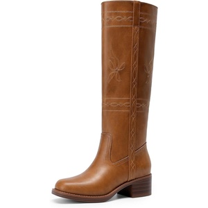 image:imageDREAM PAIRS Womens Knee High Boots Pullon Tall Shaft with Western Stitching Vintage Style Comfortable Square Toe Boots for WomenTan