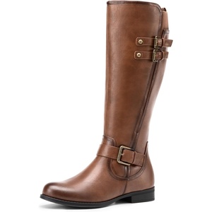 image:imageDREAM PAIRS Womens Knee High Riding Pirate Boots Comfortable Low Chunky Heel Flat Motorcycle Buckle Boots for WomenTan