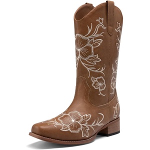 image:imageDREAM PAIRS Womens Cowboy Cowgirl MId calf Boots  square toe western boots chunky low heel cowboy boots for country music festivals theme party and concert embroidered bootsTan