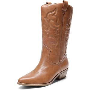 image:imageDREAM PAIRS Womens Cowboy Cowgirl Western Boots  Mid Calf Classic comfort pointed Toe boots for women low chunky heel for country music festivals theme partyTan