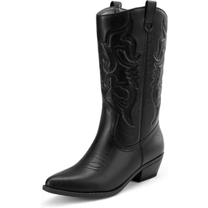 image:imageDREAM PAIRS Womens Cowboy Cowgirl Western Boots  Mid Calf Classic comfort pointed Toe boots for women low chunky heel for country music festivals theme partyBlack