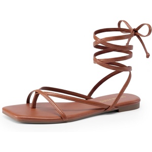 image:imageDREAM PAIRS Womens Strappy Lace Up Summer Flat Sandals  Comfortable Thong Design Gladiator Dressy Square Toe Tie Up Sandals for Walking Beach Vocation City Walks TravelBrown