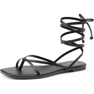 image:imageDREAM PAIRS Womens Strappy Lace Up Summer Flat Sandals  Comfortable Thong Design Gladiator Dressy Square Toe Tie Up Sandals for Walking Beach Vocation City Walks TravelBlack